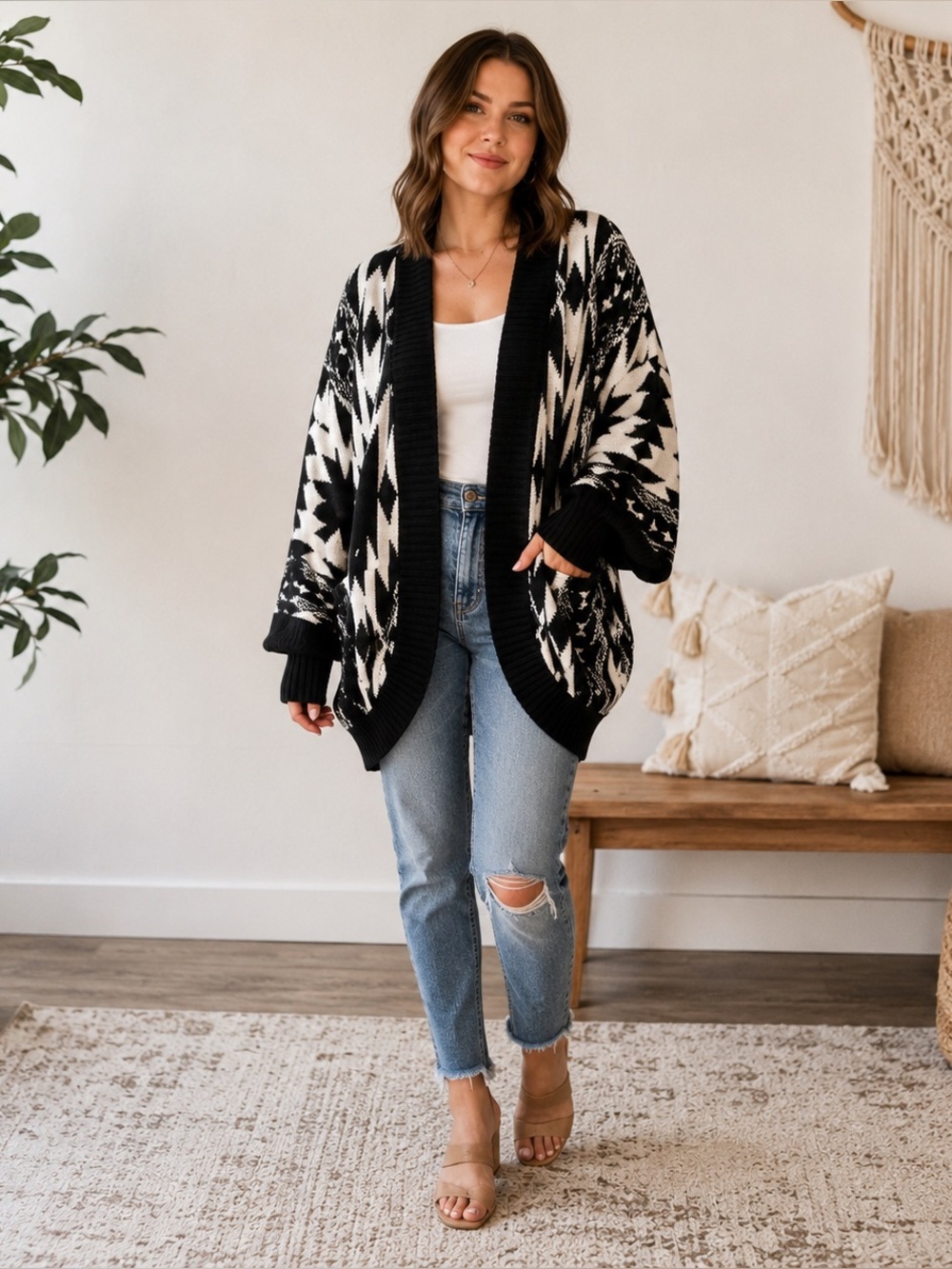 Maurices Black White Aztec Open Front Cardigan Sweater Size 1 M L Boho - Picture 1 of 9